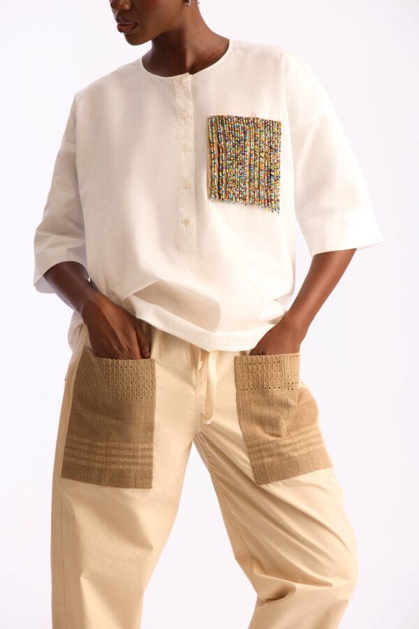 Beaded Pocket Shirt in White Poplin