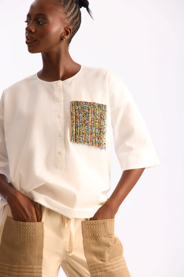 Beaded Pocket Shirt in White Poplin