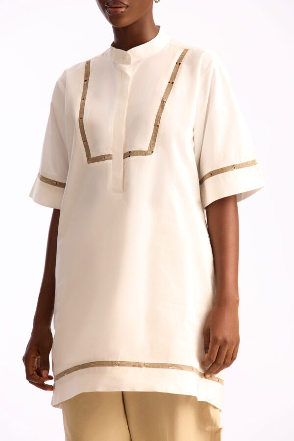 Ivory Tunic Shirt with Handwoven Aso Oke Trim