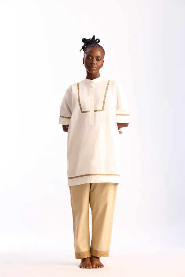 Ivory Tunic Shirt with Handwoven Aso Oke Trim