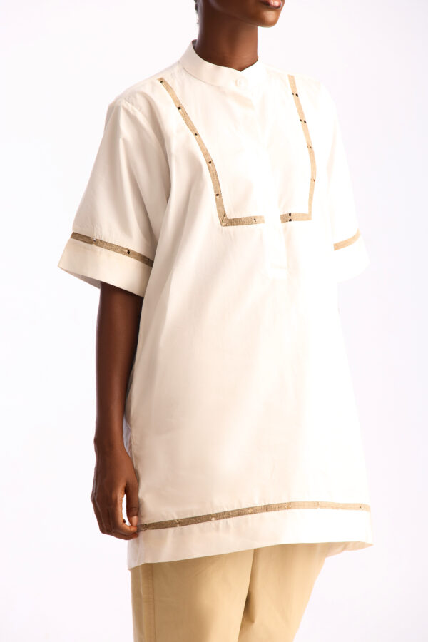 Ivory Tunic Shirt with Handwoven Aso Oke Trim