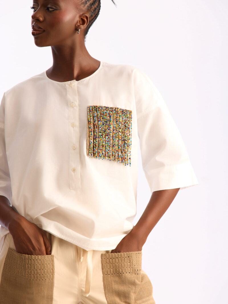 Beaded Pocket Shirt in White Poplin
